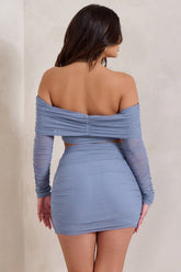 Cornflower Blue Ruched Mesh Bardot Crop Top